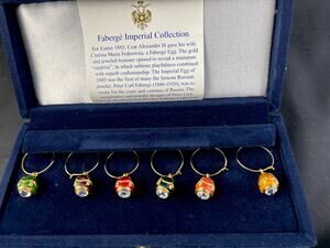 Faberge Egg Wine Glass Charms, Multi-Color: Set of 6 in Velvet Case. Never Used.